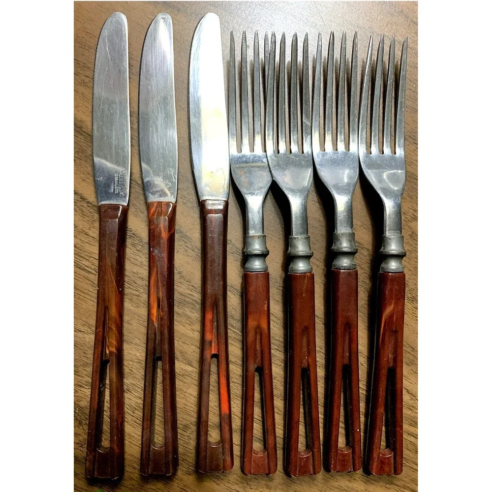 Stanhome Stainless Steel Knife Fork Flatware w/ Marbled Handles MCM Vintage 7pcs